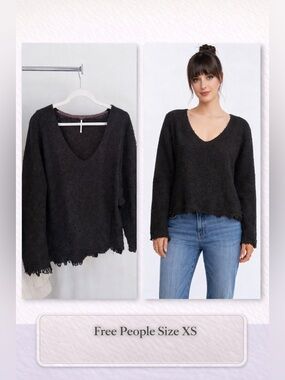 Free People Black Distressed Sweater XS | Boho Grunge Raw Hem Knit Top